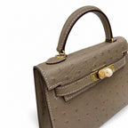 Mini Kelly II 19cm Sellier Etoupe Ostrich Gold Hardware Designer Mini Shoulder Purse — Small Structured Carry Style