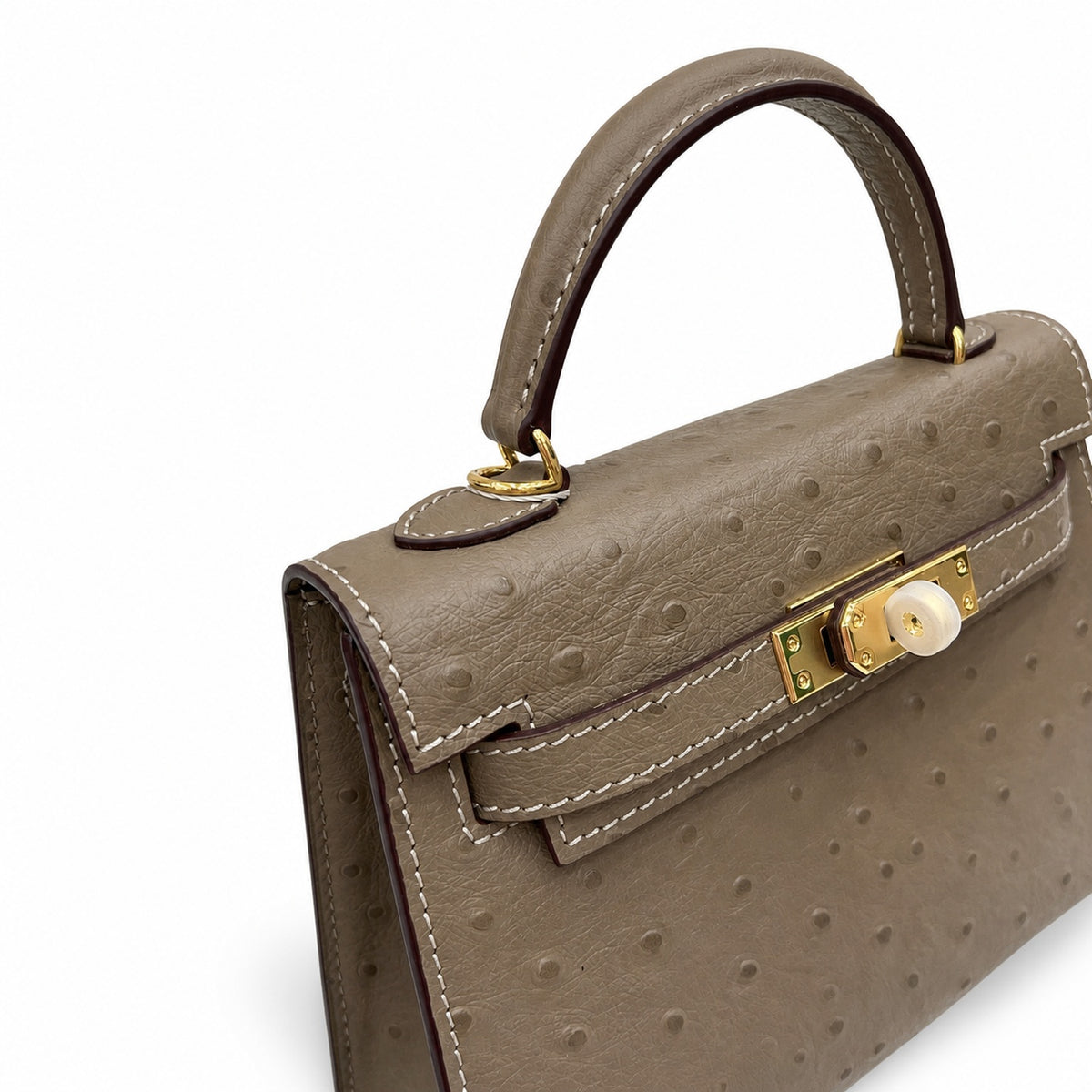 Mini Kelly II 19cm Sellier Etoupe Ostrich Gold Hardware Designer Mini Shoulder Purse — Small Structured Carry Style
