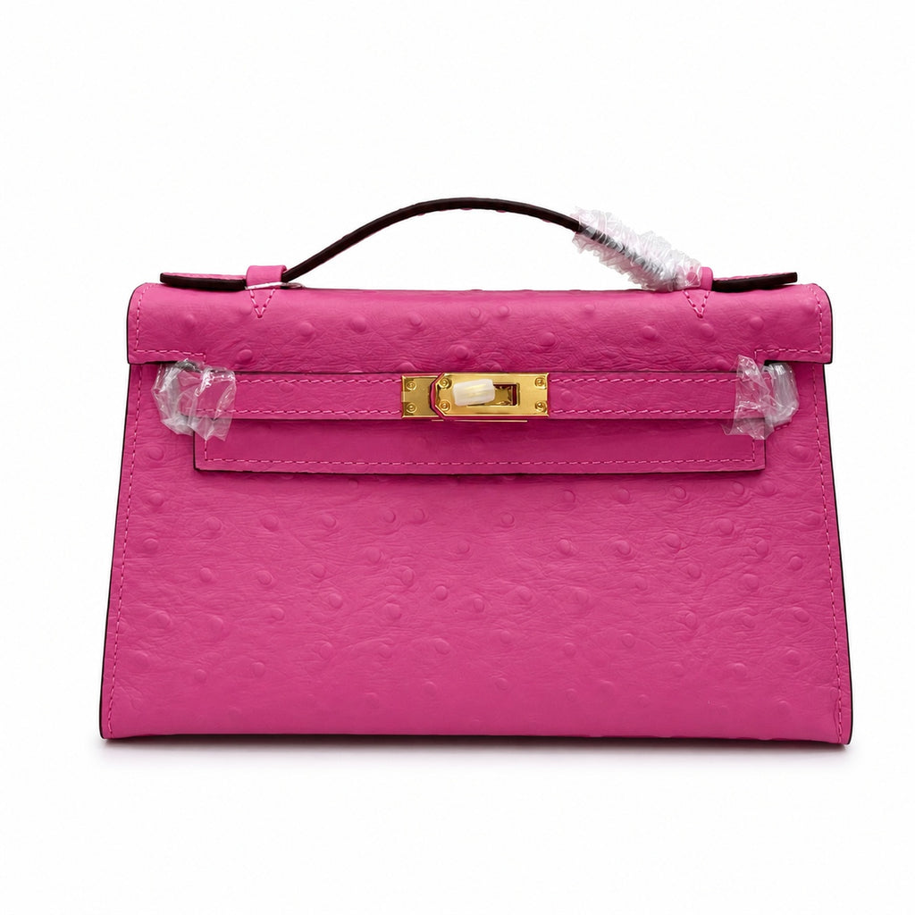 Mini Kelly Sellier 22cm Rose Tyrien Ostrich Leather Gold Hardware — Elegant Compact Carry Style