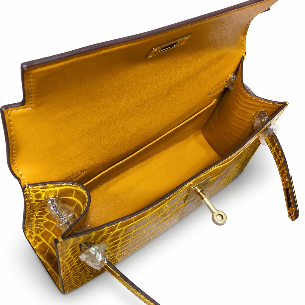 Kelly Pochette Jaune Ambre Shiny Niloticus Crocodile Leather Palladium Hardware Women Clutch Bag — Compact Pochette Clutch