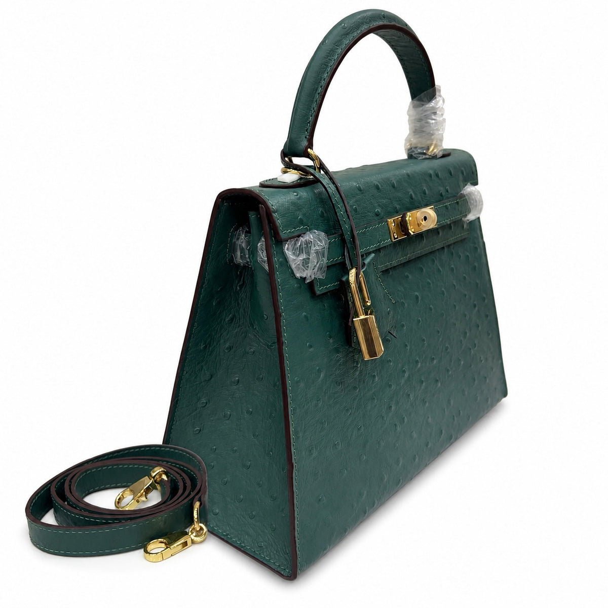 Kelly Sellier 25cm Vert Cypress Ostrich Gold Hardware Vintage — Timeless Top-Handle Design
