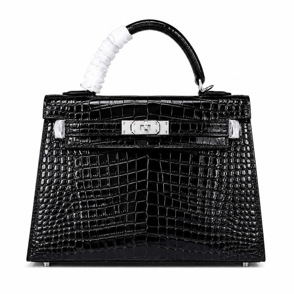 Kelly Sellier 22cm Noir Shiny Crocodile Leather Gold Hardware & Palladium Hardware — Classic Hand-Carry Silhouette