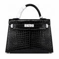Kelly Sellier 22cm Noir Shiny Crocodile Leather Gold Hardware & Palladium Hardware — Classic Hand-Carry Silhouette
