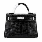 Kelly Sellier 22cm Noir Shiny Crocodile Leather Gold Hardware & Palladium Hardware — Classic Hand-Carry Silhouette