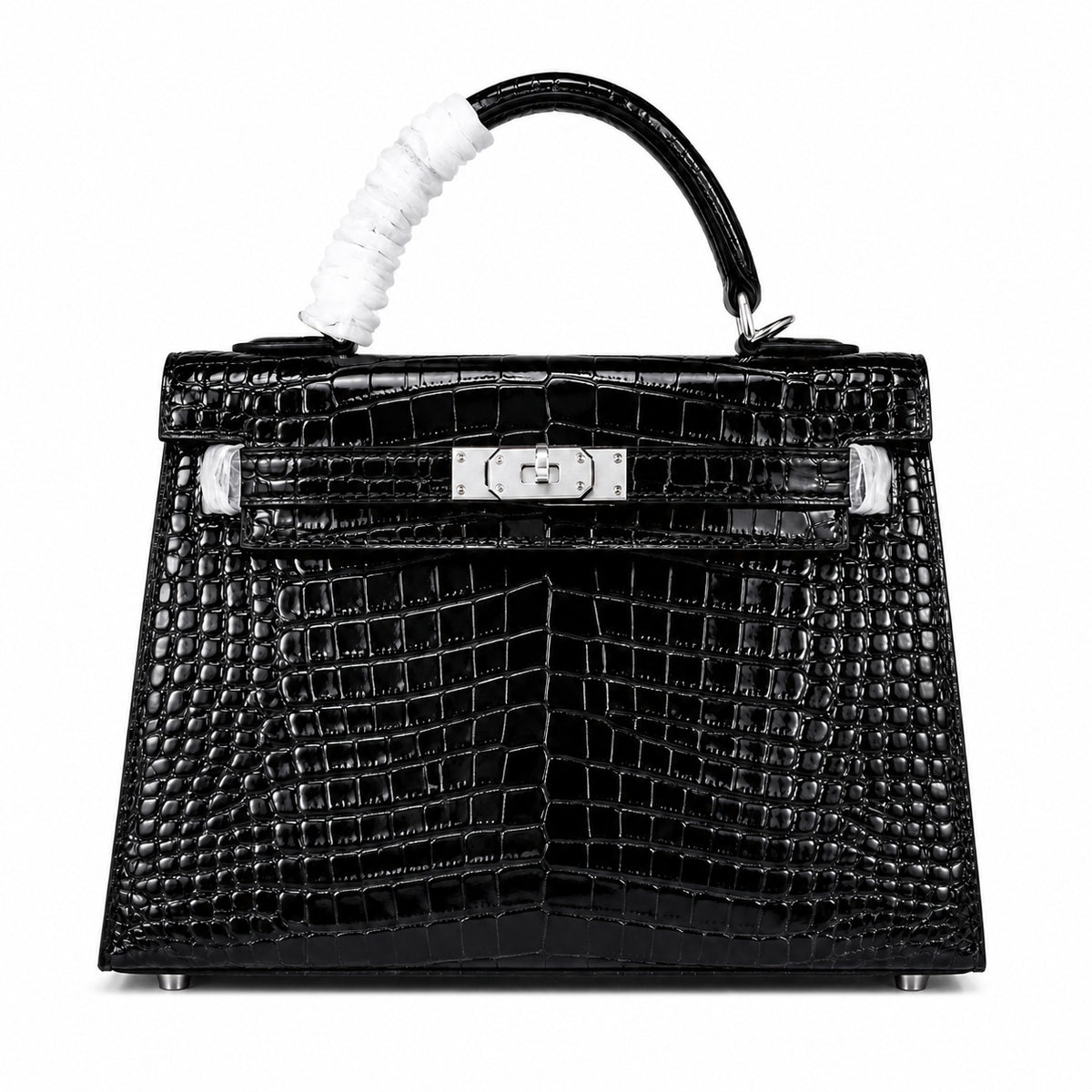 Kelly Sellier 22cm Noir Shiny Crocodile Leather Gold Hardware & Palladium Hardware — Classic Hand-Carry Silhouette
