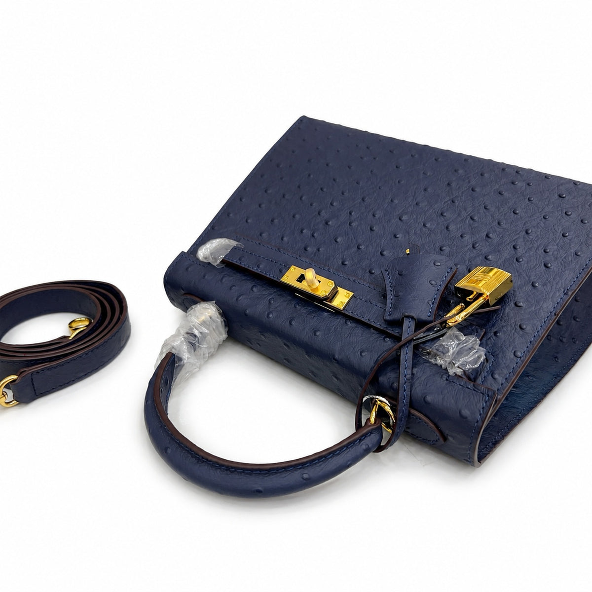 elly Sellier 25cm Bleu Nuit Ostrich Gold Hardware Luxury Commute — Timeless Top-Handle Design
