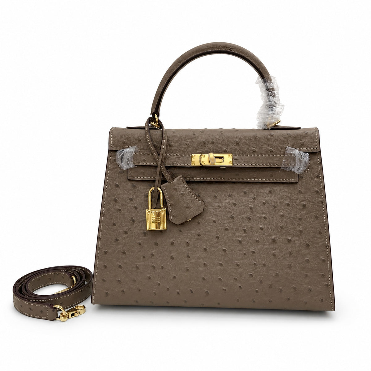 Hermès Kelly Sellier 25 Ostrich Etoupe Gold Hardware — Classic Hand-Carry Silhouette