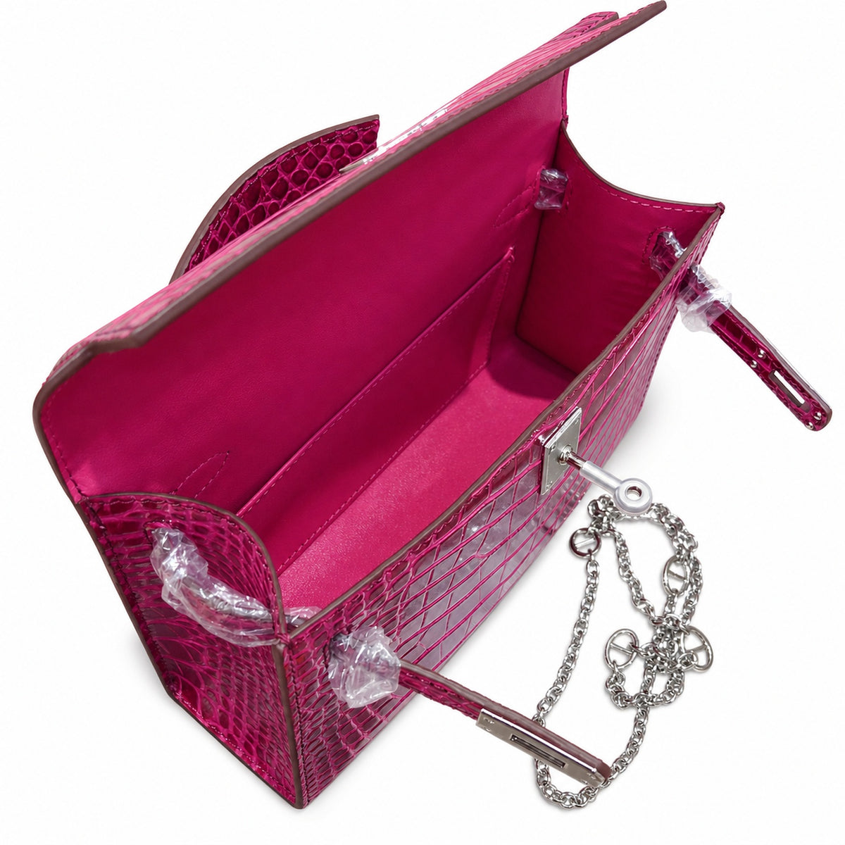 Kelly Pochette Fuchsia Shiny Niloticus Crocodile Leather Palladium Hardware Women Clutch Bag — Refined Small Hand-Carry Bag
