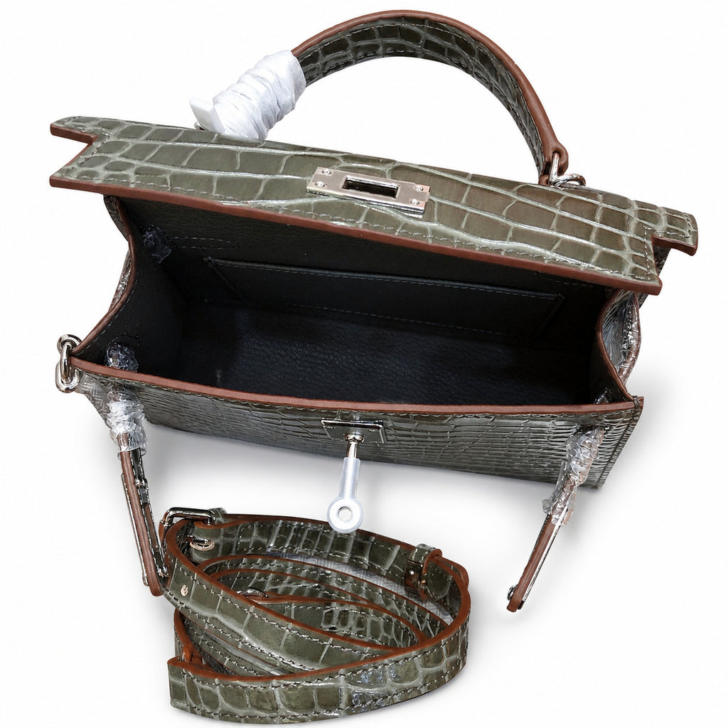 Kelly Sellier 19cm Gris Elephant Shiny Crocodile Leather Gold Hardware & Palladium Hardware — Elegant Structured Carry Style