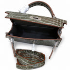 Kelly Sellier 19cm Gris Elephant Shiny Crocodile Leather Gold Hardware & Palladium Hardware — Elegant Structured Carry Style