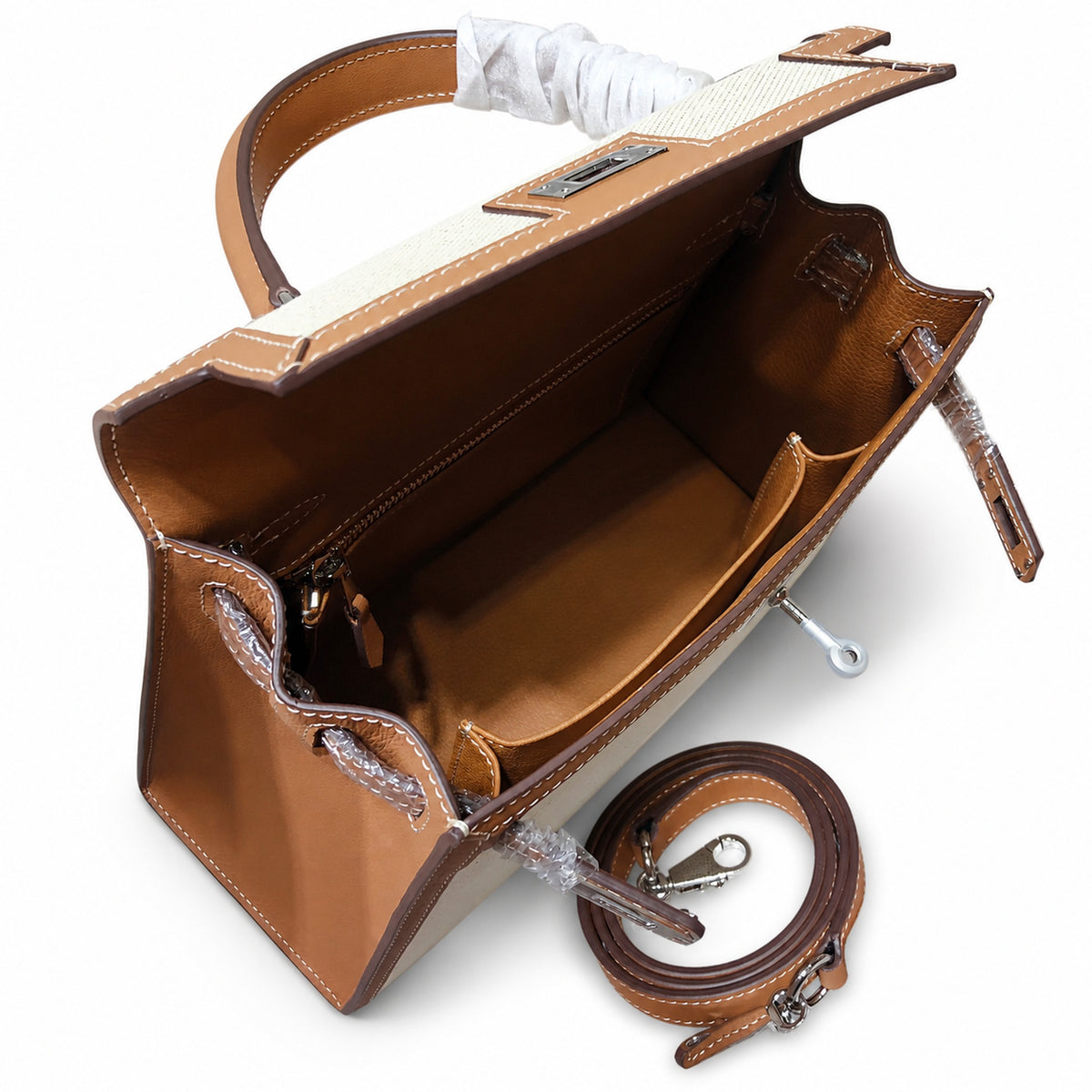 Kelly 25cm Patchwork Canvas and Swift Leather in Warm Brown — Versatile Structured Bag