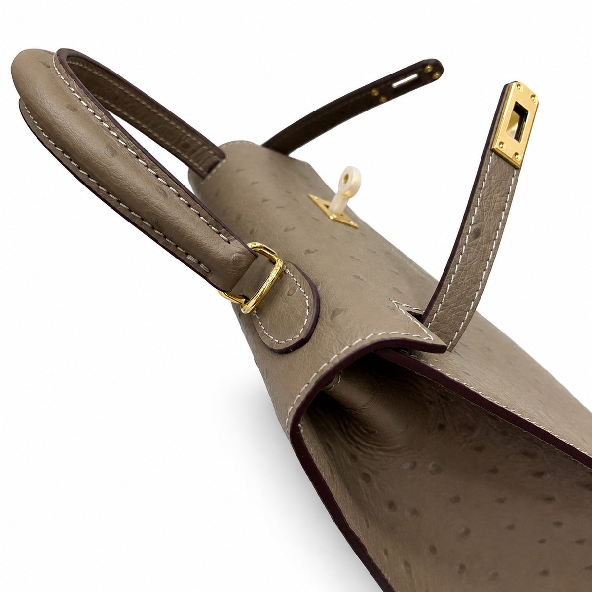 Hermès Kelly Sellier 25 Ostrich Etoupe Gold Hardware — Classic Hand-Carry Silhouette