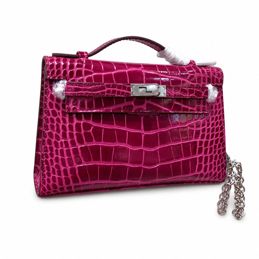 Kelly Pochette Fuchsia Shiny Niloticus Crocodile Leather Palladium Hardware Women Clutch Bag — Refined Small Hand-Carry Bag