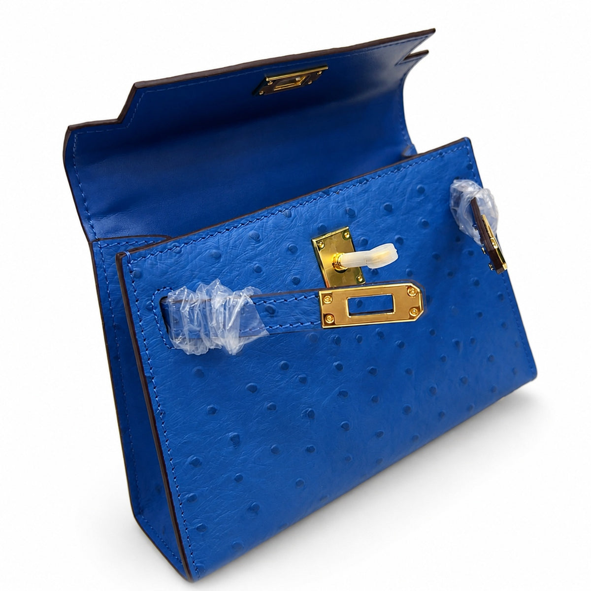 Mini Kelly II 19cm Sellier Bleu Electrique Ostrich Gold Hardware Luxury Crossbody — Compact Top-Handle Bag