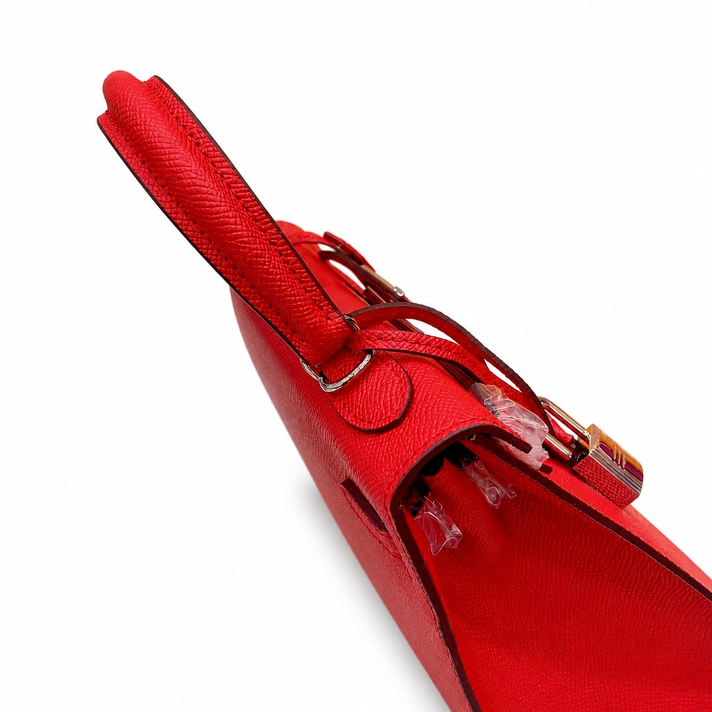 Kelly Sellier 25cm & 28cm Rouge Casaque Epsom Leather Palladium Hardware Crossbody — Polished Structured Handbag