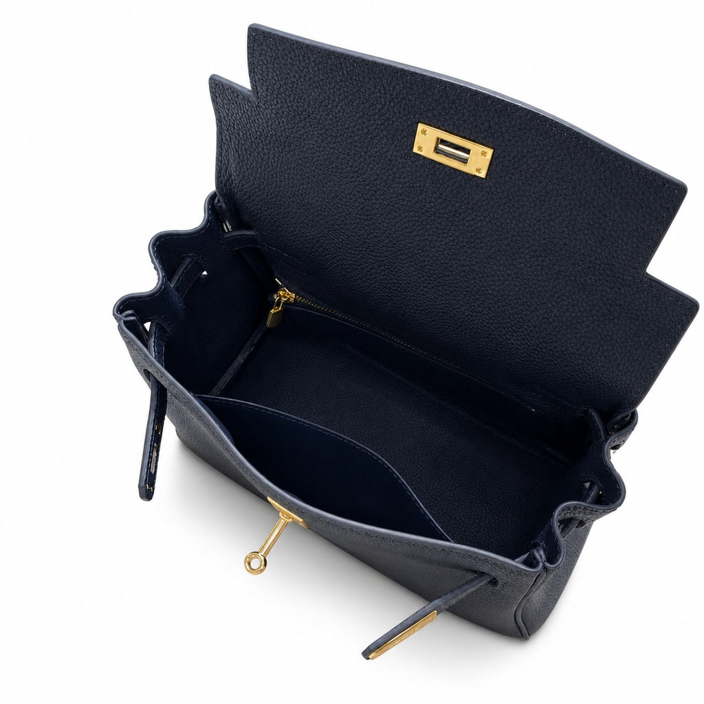 Kelly Sellier 20cm & 25cm & 28cm Bleu Nuit Togo Leather Gold Hardware — Timeless Top-Handle Design