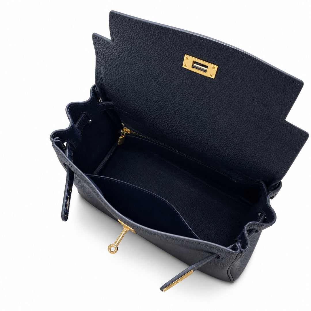 Kelly Sellier 20cm & 25cm & 28cm Bleu Nuit Togo Leather Gold Hardware — Timeless Top-Handle Design
