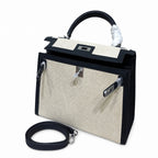 Kelly 25cm Patchwork Canvas and Swift Leather in Black — Polished Structured Handbag