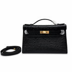 Mini Kelly Sellier 22cm Noir Ostrich Leather Gold Hardware — Small Structured Carry Style