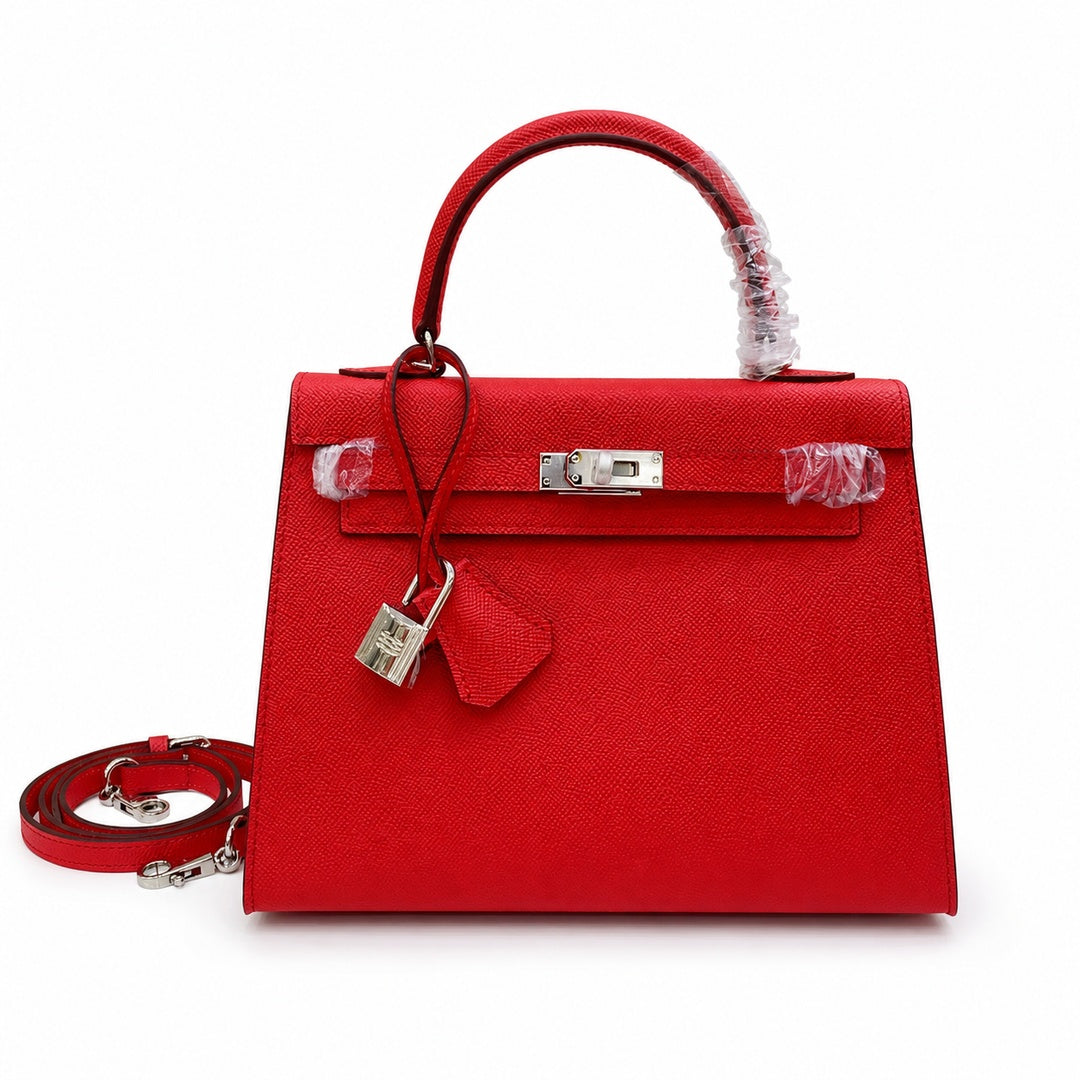 Kelly Sellier 25cm & 28cm Rouge Casaque Epsom Leather Palladium Hardware Crossbody — Polished Structured Handbag