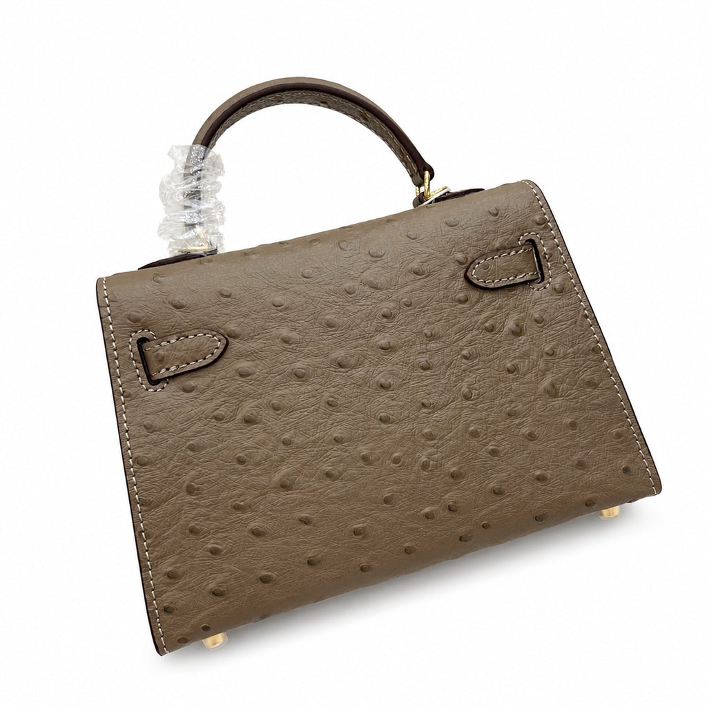 Mini Kelly II 19cm Sellier Etoupe Ostrich Gold Hardware Designer Mini Shoulder Purse — Small Structured Carry Style