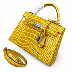 Kelly Sellier 22cm Jaune Ambre Shiny Crocodile Leather Gold Hardware & Palladium Hardware — Elegant Structured Carry Style