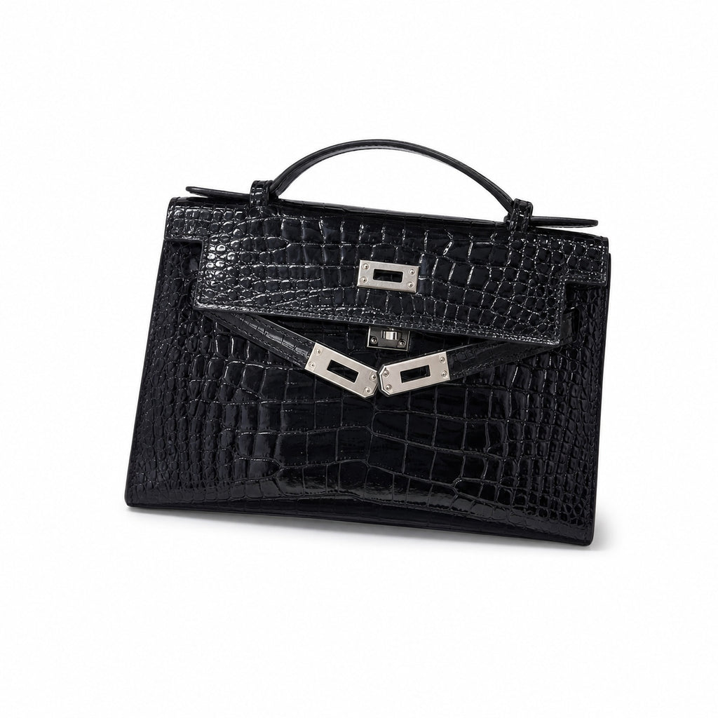 Kelly Pochette Noir Shiny Niloticus Crocodile Leather Palladium Hardware & Palladium Hardware Women Clutch Bag — Elegant Petite Clutch