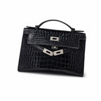 Kelly Pochette Noir Shiny Niloticus Crocodile Leather Palladium Hardware & Palladium Hardware Women Clutch Bag — Elegant Petite Clutch