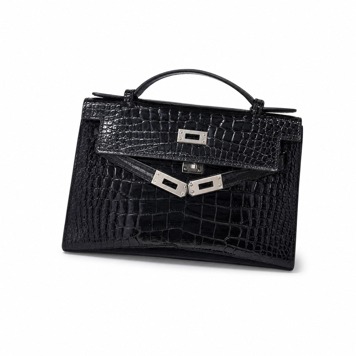 Kelly Pochette Noir Shiny Niloticus Crocodile Leather Palladium Hardware & Palladium Hardware Women Clutch Bag — Elegant Petite Clutch