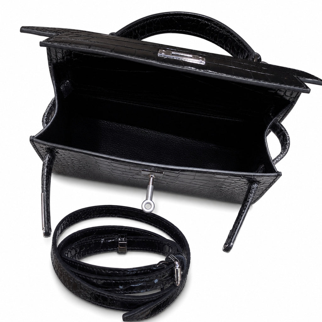 Kelly Sellier 22cm Noir Shiny Crocodile Leather Gold Hardware & Palladium Hardware — Classic Hand-Carry Silhouette