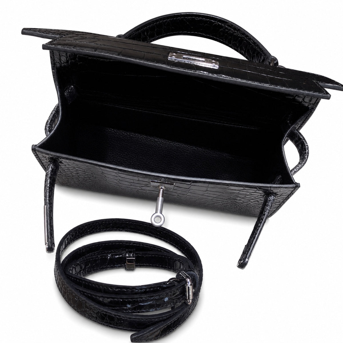 Kelly Sellier 22cm Noir Shiny Crocodile Leather Gold Hardware & Palladium Hardware — Classic Hand-Carry Silhouette
