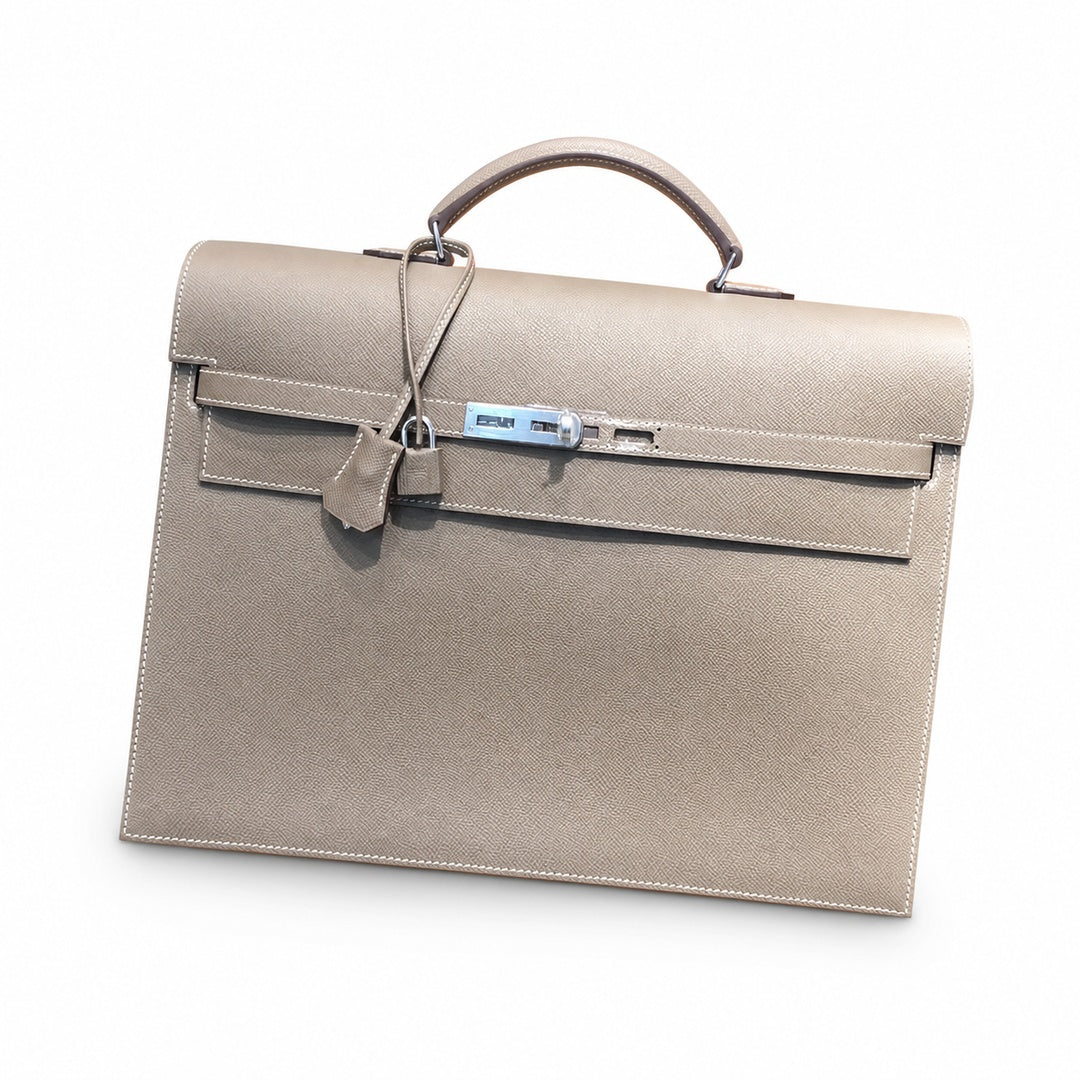 Kelly briefcase 38cm Epsom Leather 18 Etoupe Elephant Gray top handcraft — Polished Hand-Carry Briefcase