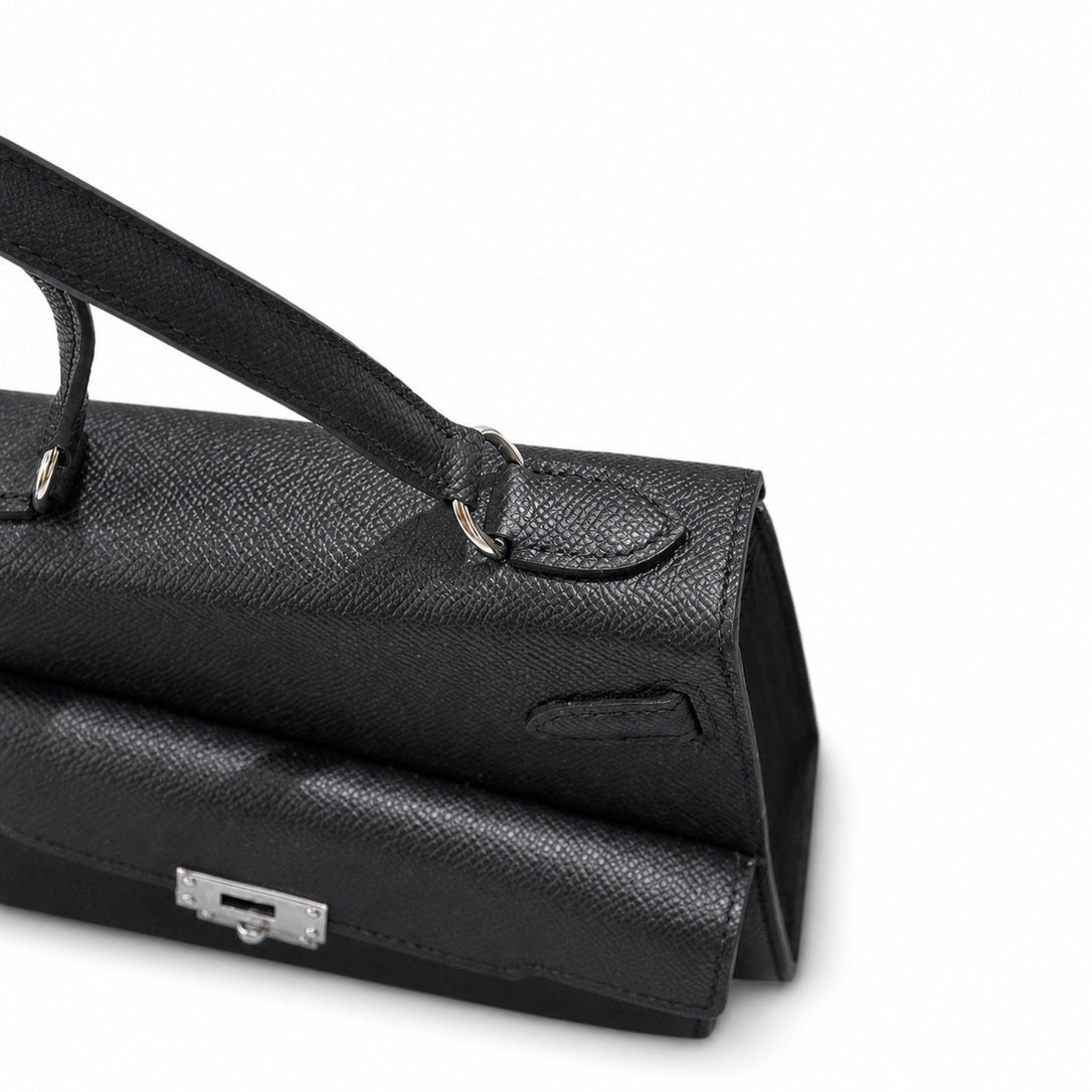 Kelly Double-Sided Epsom Leather in Black with Silver Buckle — Elegant Structured Carry Style