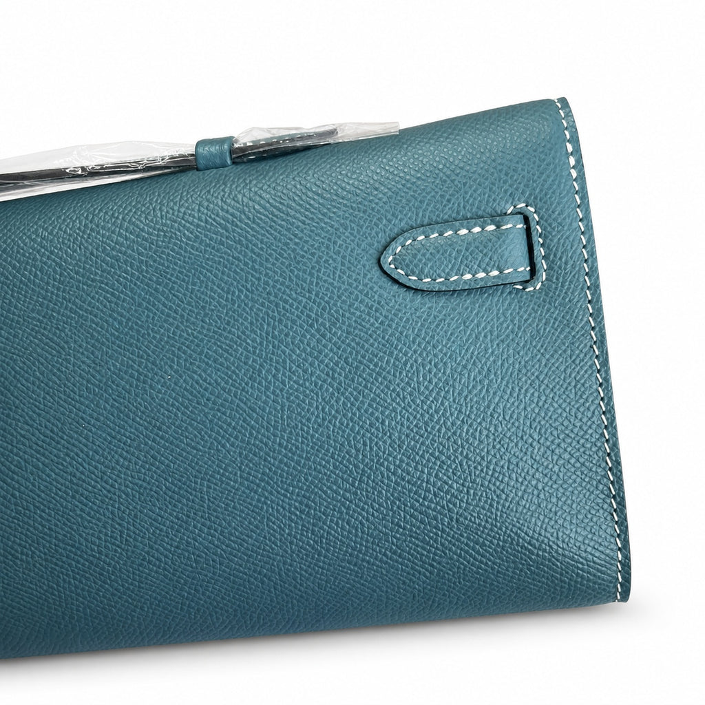 Polished Compact Clutch: Kelly Cut 31 Clutch Epsom Leather Denim Blue