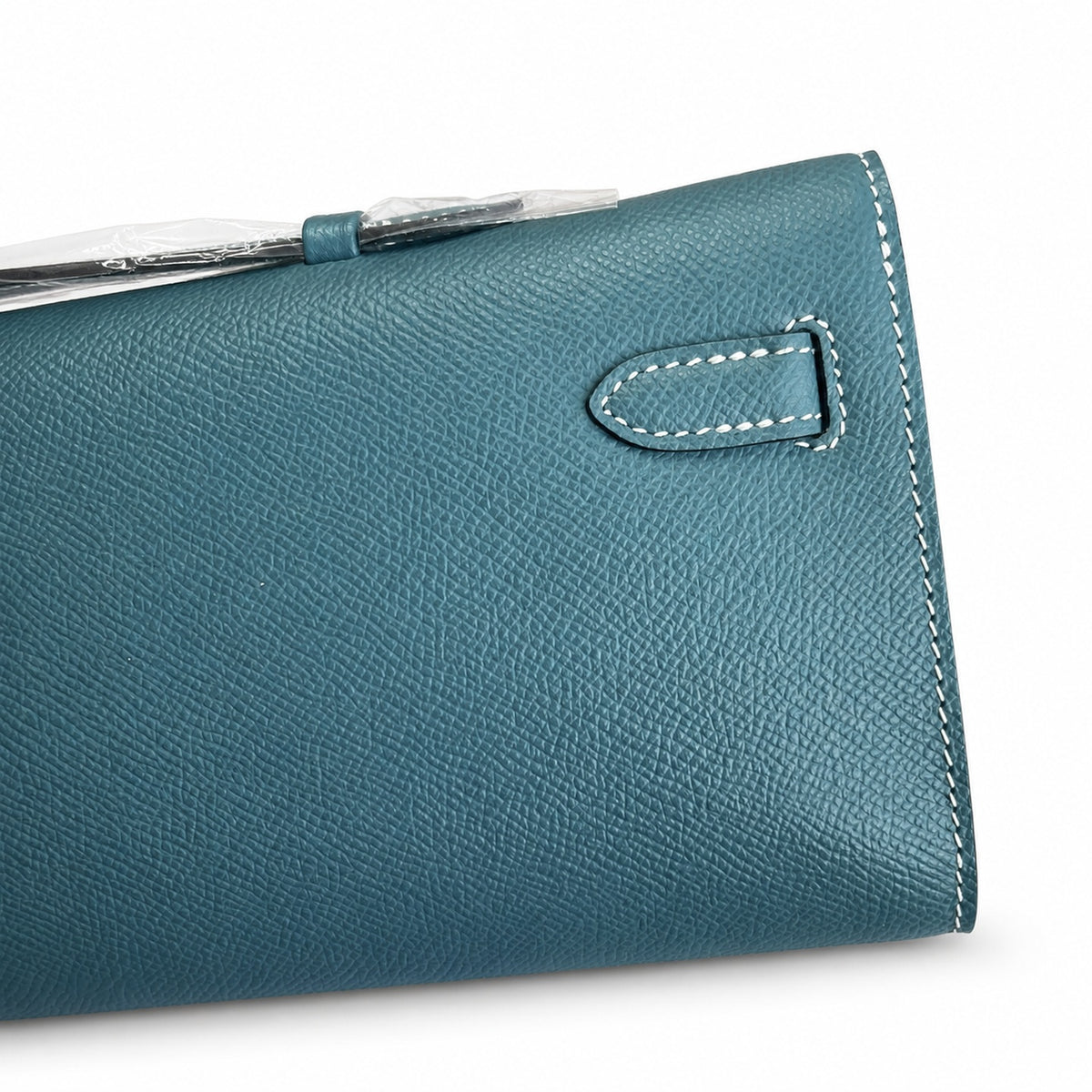 Polished Compact Clutch: Kelly Cut 31 Clutch Epsom Leather Denim Blue