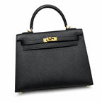 Kelly 25cm in Black Epsom Leather with Gold Buckle Handmade — Refined Top-Handle Bag
