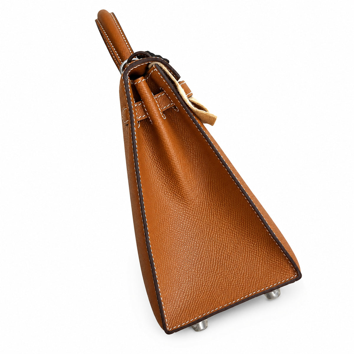 Golden Brown, Gold and Silver buckles, Kelly 25, imported Epsom — Polished Structured Handbag