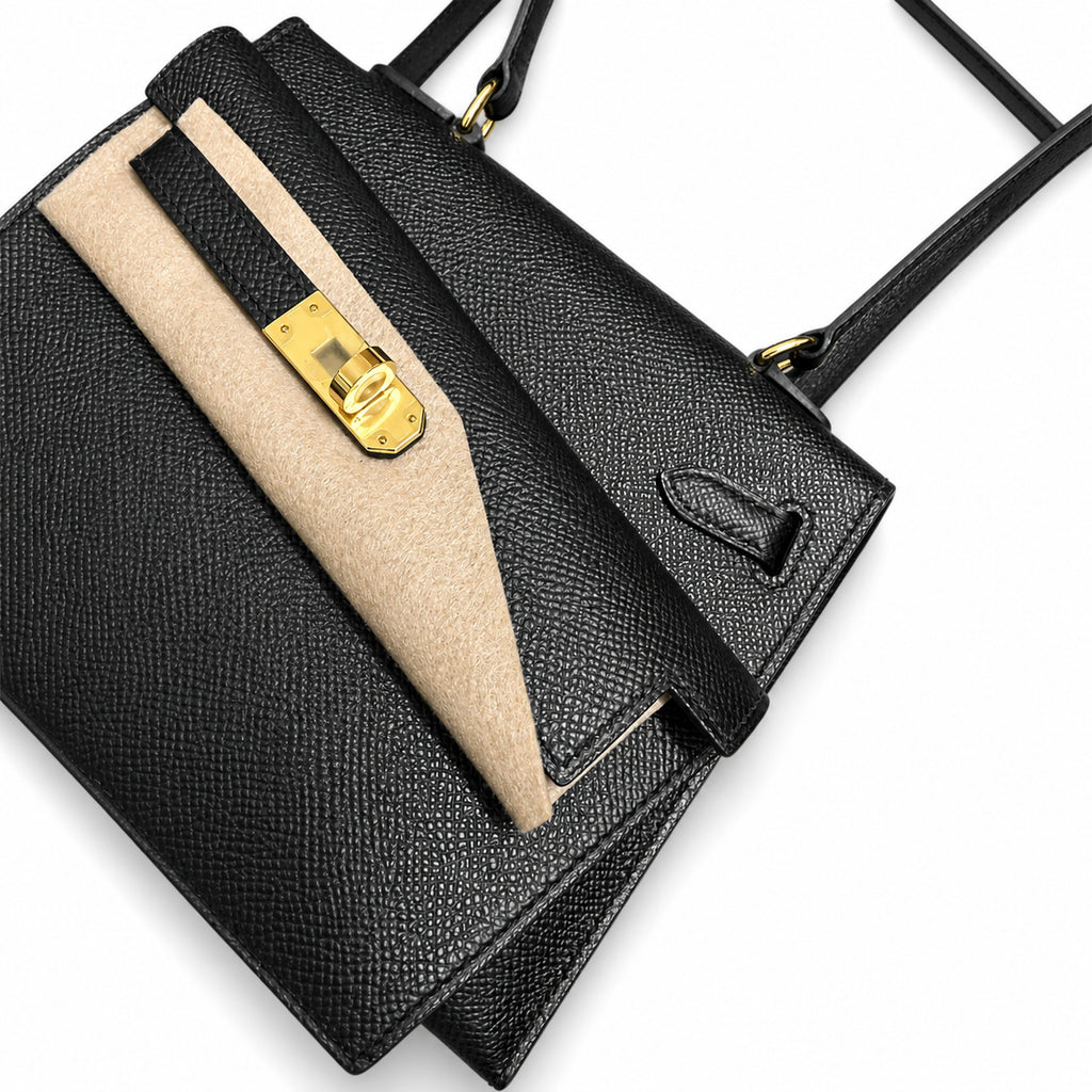 Kelly double-sided Desordre Epsom original palm print leather ck89 Black Noir Gold Buckle GHW top hand sewing — Distinctive Double-Sided Handbag