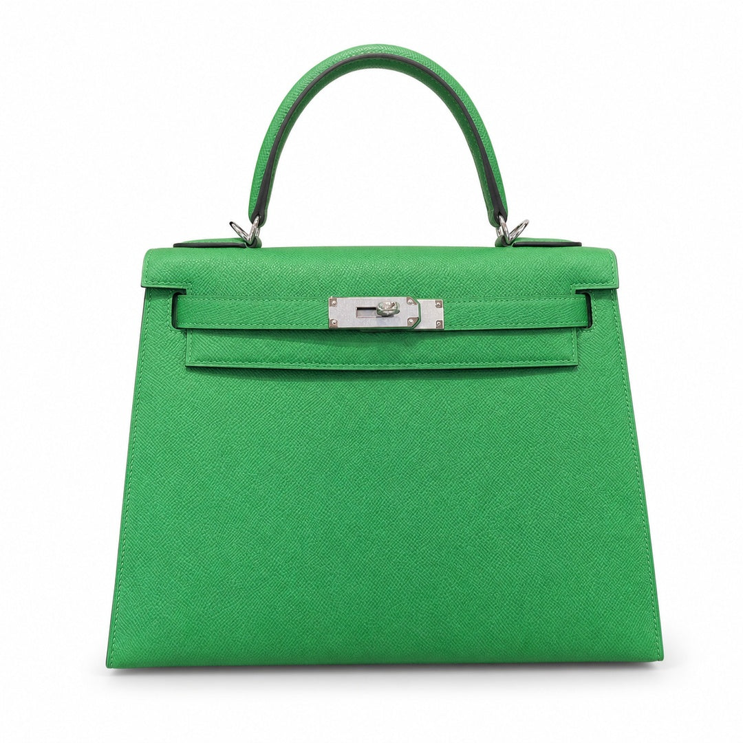 Kelly 25cm/28cm Epsom Leather 1K Bombou bamboo green top handcraft — Distinctive Hand-Carry Bag