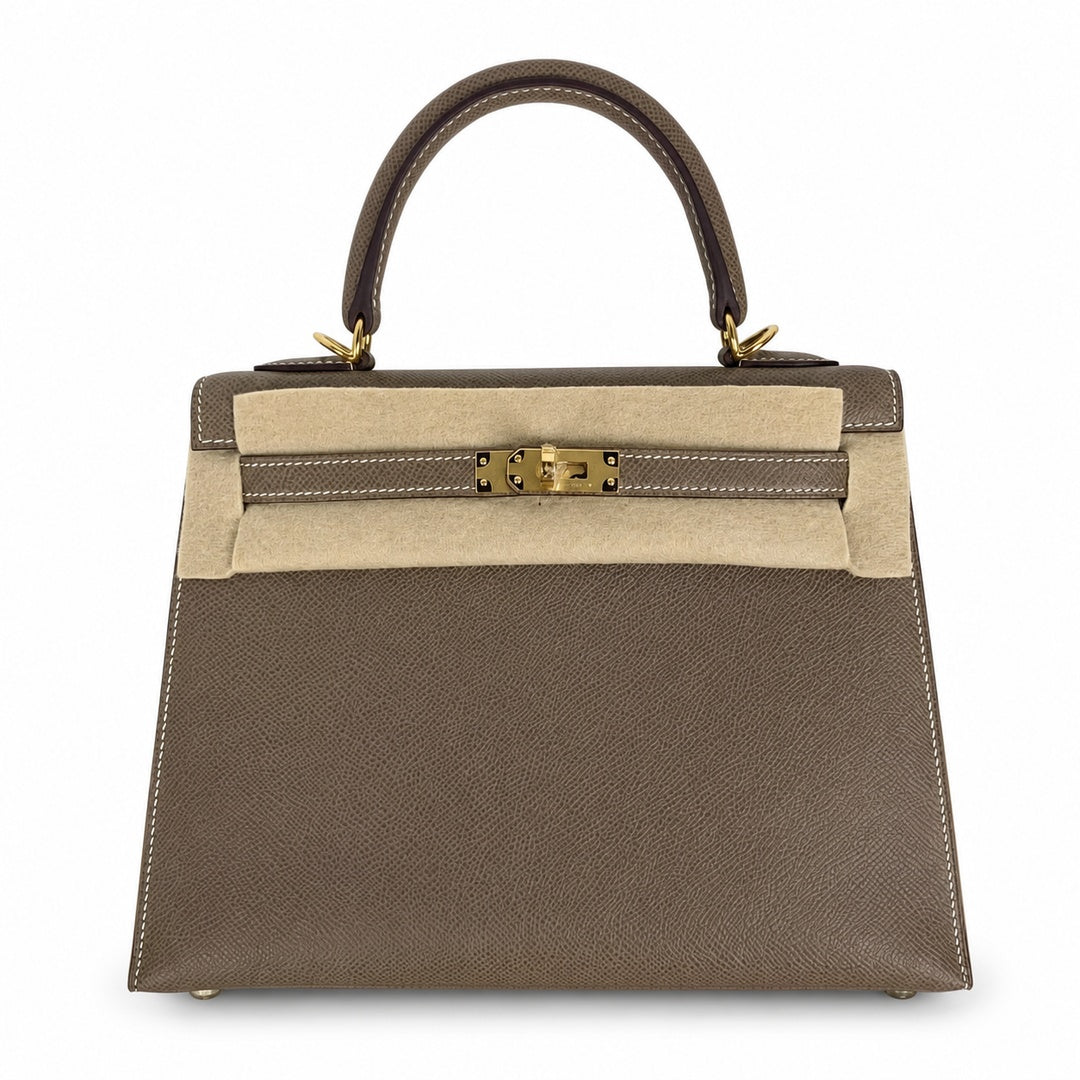 Classic Hand-Carry Silhouette: Kelly 25 Elephant Gray Epsom Gold Buckle, fully handmade with wax thread