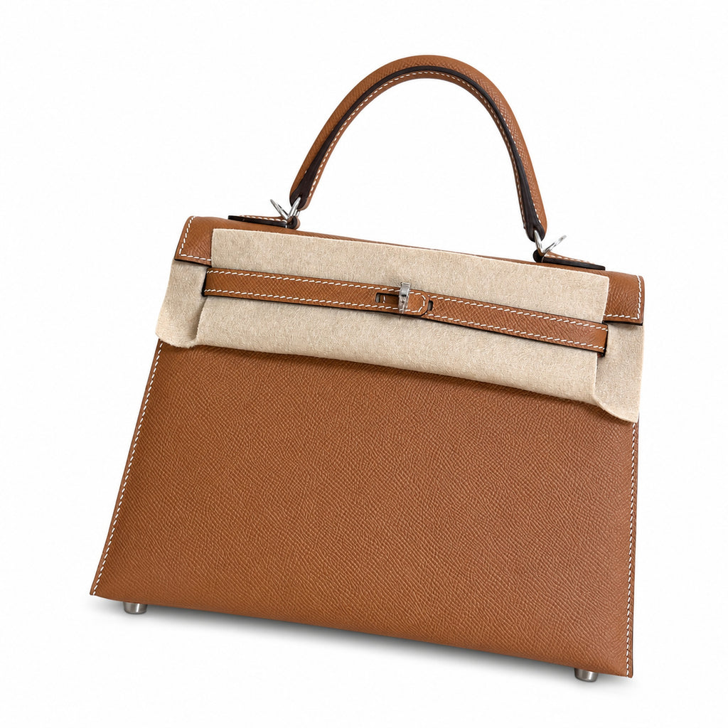 Golden Brown, Gold and Silver buckles, Kelly 25, imported Epsom — Polished Structured Handbag