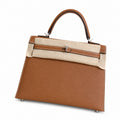 Golden Brown, Gold and Silver buckles, Kelly 25, imported Epsom — Polished Structured Handbag