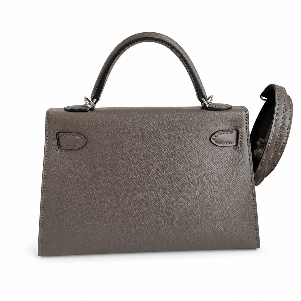 handmade Mini Kelly II 19cm imported Epsom Leather pewter gray Silver Buckle — Refined Mini Handbag