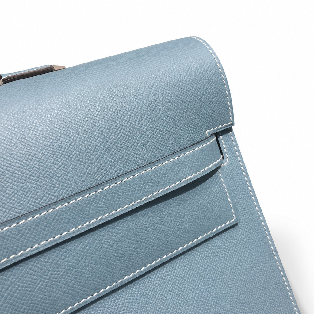 Kelly briefcase 38cm Epsom Leather 75 Bleu Jean denim blue top handcraft — Polished Hand-Carry Briefcase