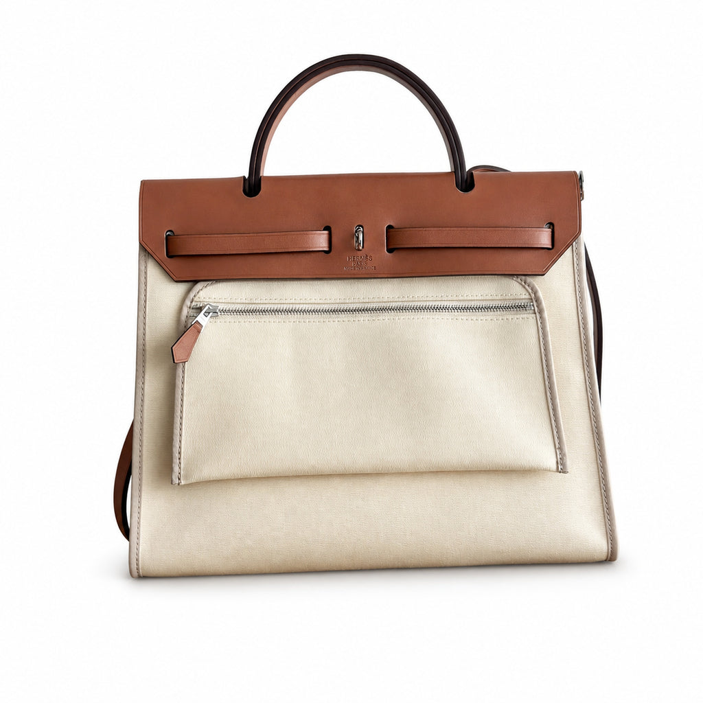 Herbag 31cm Saddle-Inspired Canvas Body with Leather Handle and Shoulder Strap — Canvas Body and Leather Trim Design