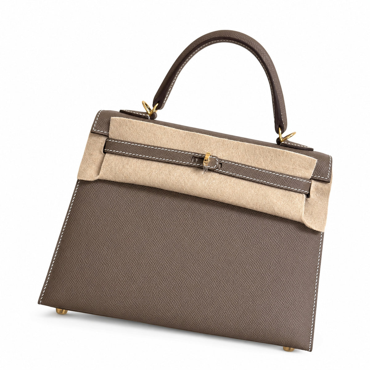Elephant Gray, Gold and Silver buckles, Kelly 25, imported Epsom — Structured Top-Handle Handbag
