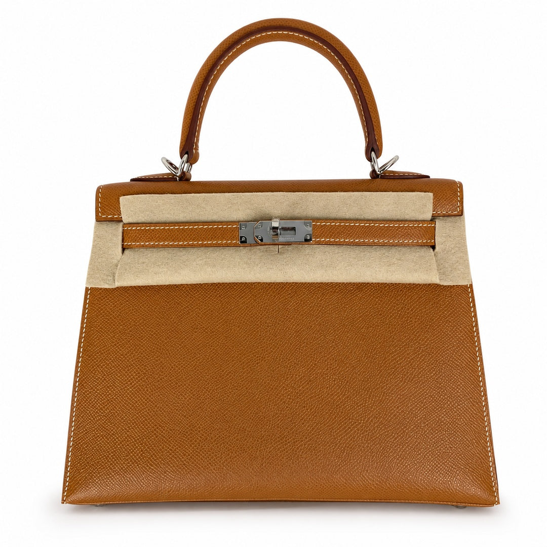 Sophisticated Carry Design: Kelly 25 Golden Brown Silver Buckle Epsom fully handmade wax thread