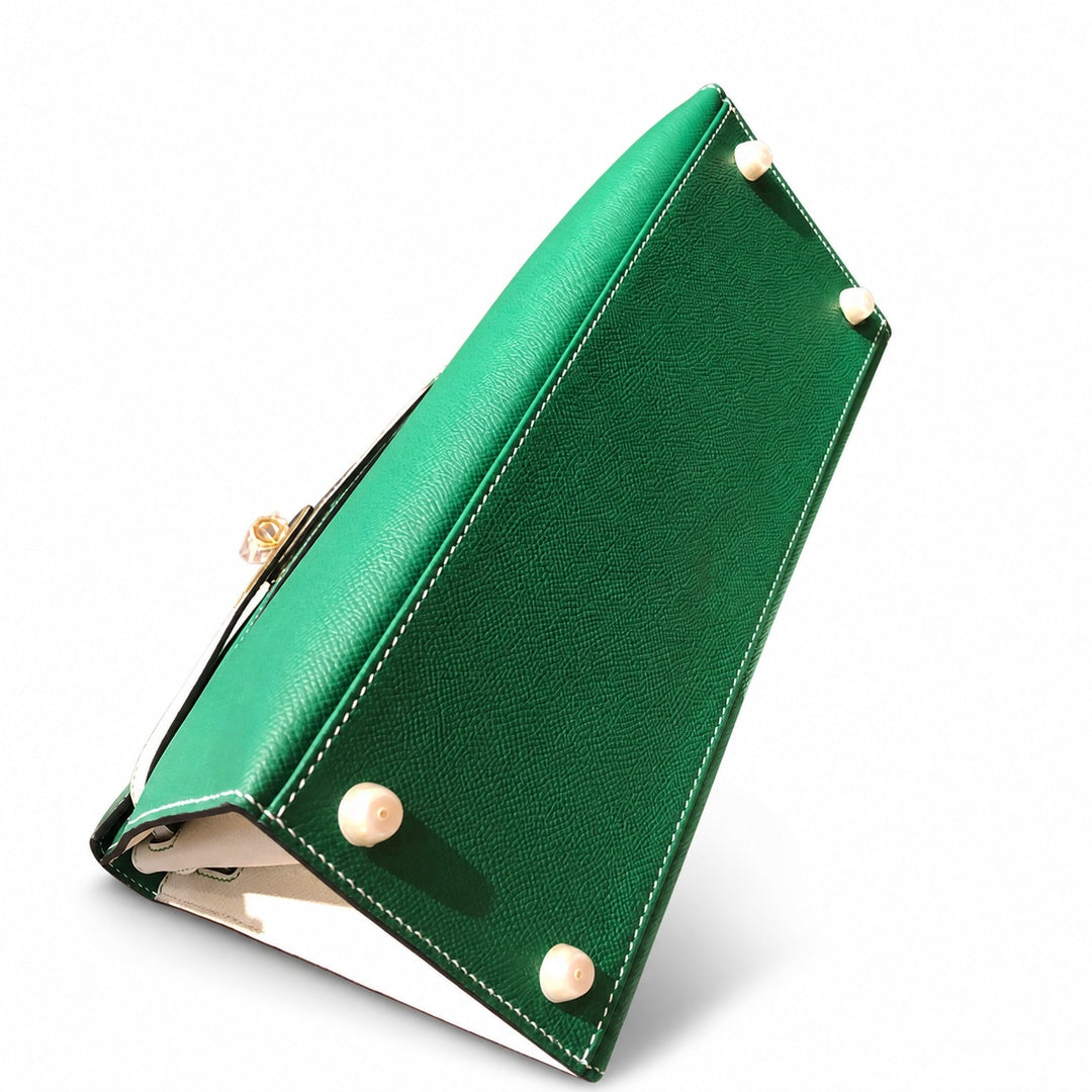 Kelly 28cm Epsom Leather U4 Vert Vertigo Velvet Green with 10 Craie Milkshake White top handcraft — Structured Top-Handle Handbag