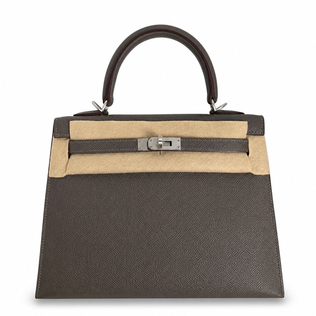 Kelly 25 pewter gray Epsom Silver Buckle fully handmade with wax thread — Sophisticated Carry Design