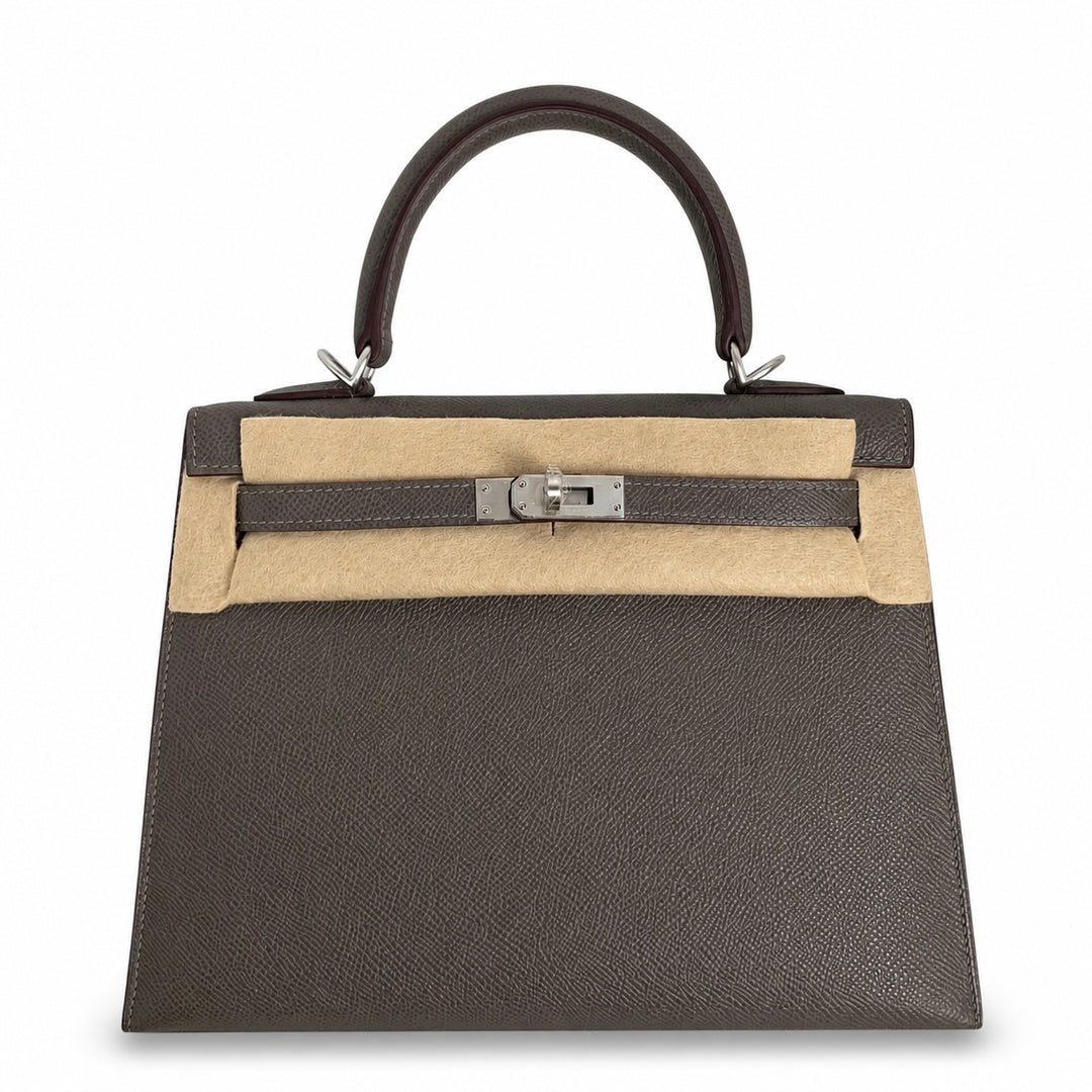 Kelly 25 pewter gray Epsom Silver Buckle fully handmade with wax thread — Sophisticated Carry Design